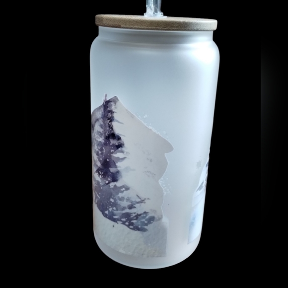 New handmade UVDTF White X-mas - Frosted Glass‎ Cup with Bamboo Lid & Straw - Picture 3 of 10